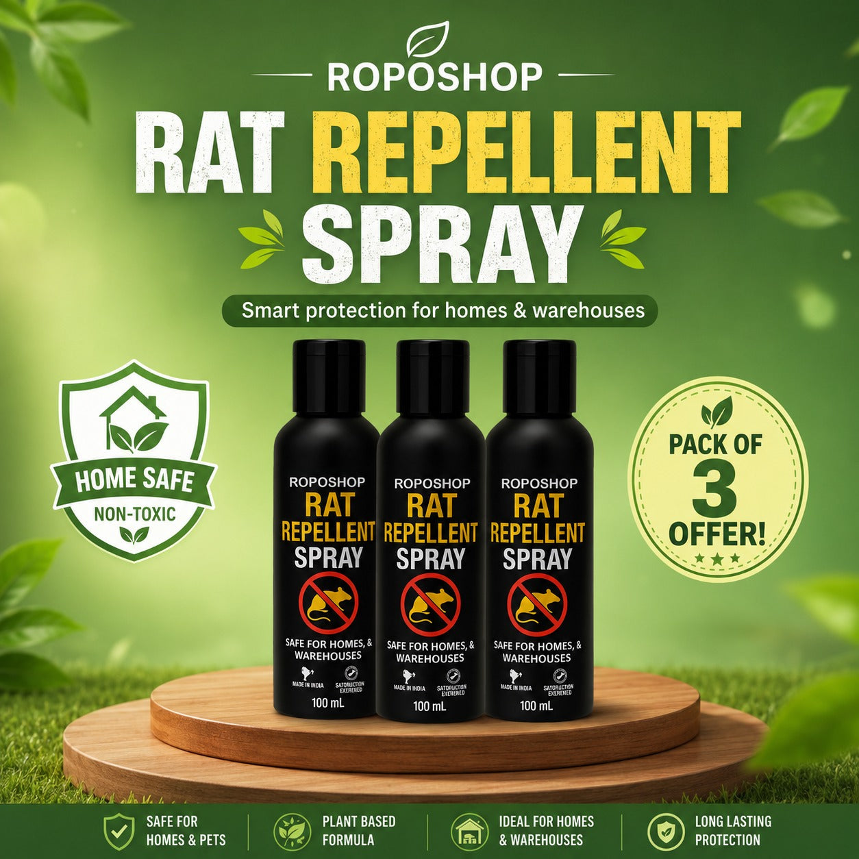 RopoShop Rat Repellent Spray – Natural Rodent Protection Spray (Pack of 3 x 100ml)